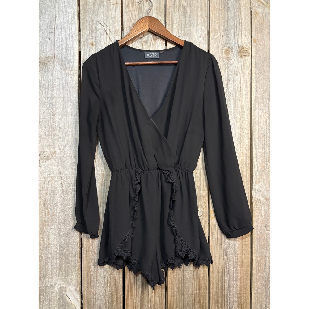 ASTR the Label Black Long Sleeve Lace‎ Trim Romper AP5700 Womens Small